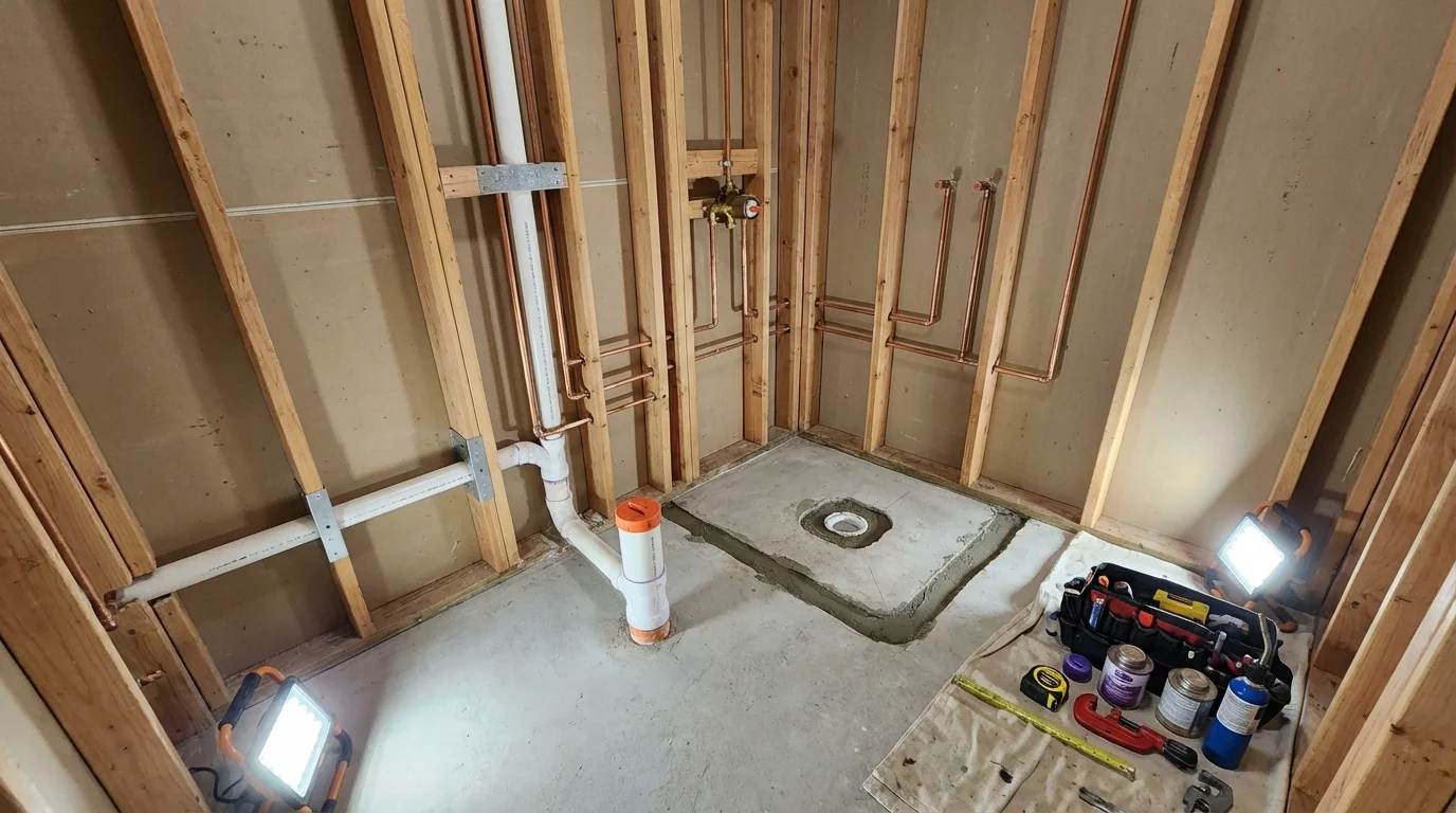 Bathroom rough-in plumbing during remodel by Johns Plumbing LLC in Selby