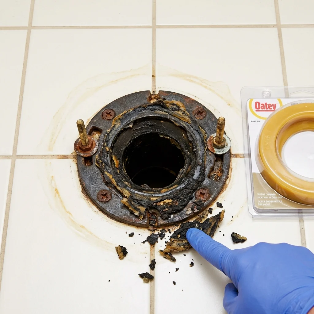 Failed wax ring showing water seepage at the base of a toilet in a Selby, SD home