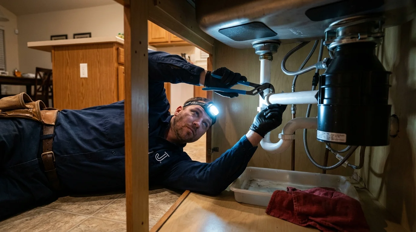 P-trap and supply line connections under a kitchen sink showing a common leak point in Selby, SD